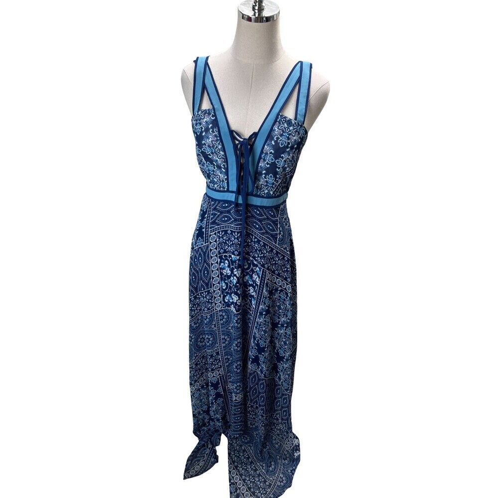 BCBGMaxazria Maxi Dress Size 4 Women's Blue Geometric Sleeveless $328 NEW NWT